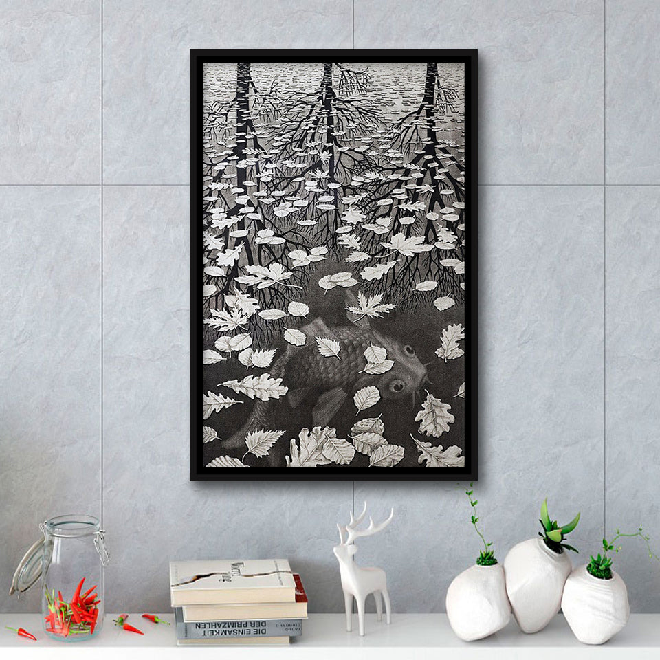 By Maurits Cornelis Escher Wall Art, M.C. Escher  Three Worlds 1955,Framed Canvas Prints Wall Art Decor, Floating Frame