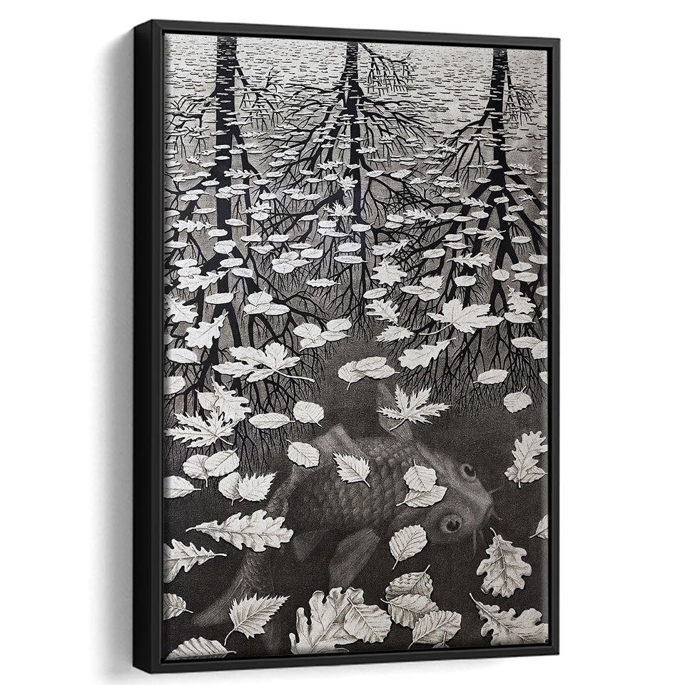 By Maurits Cornelis Escher Wall Art, M.C. Escher  Three Worlds 1955,Framed Canvas Prints Wall Art Decor, Floating Frame
