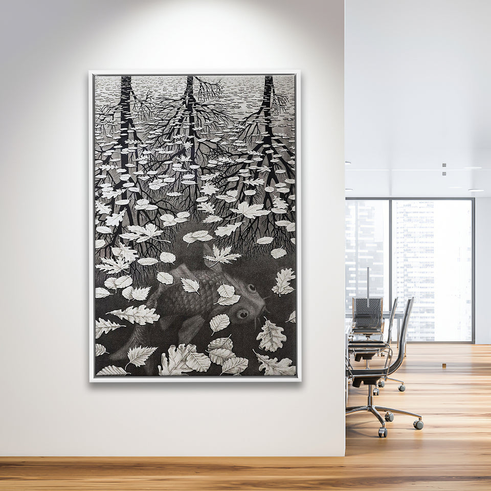 By Maurits Cornelis Escher Wall Art, M.C. Escher  Three Worlds 1955,Framed Canvas Prints Wall Art Decor, Floating Frame