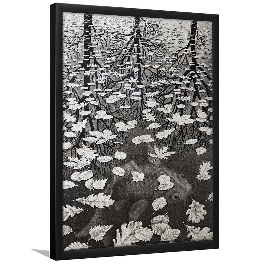 By Maurits Cornelis Escher Wall Art, M.C. Escher Three Worlds 1955,Framed Art Prints Wall Decor, Picture Framed