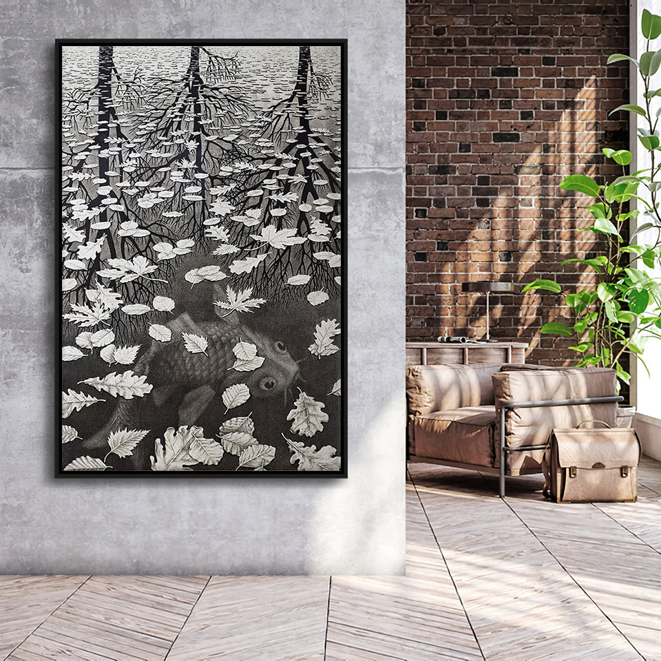 By Maurits Cornelis Escher Wall Art, M.C. Escher  Three Worlds 1955,Framed Canvas Prints Wall Art Decor, Floating Frame