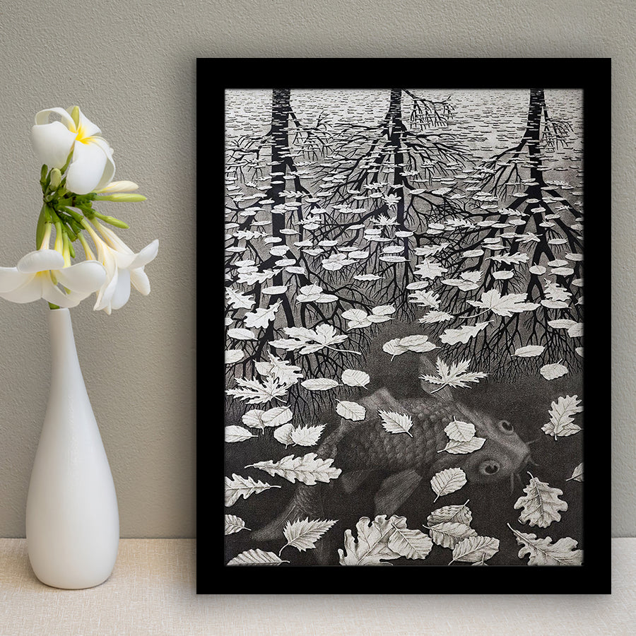By Maurits Cornelis Escher Wall Art, M.C. Escher Three Worlds 1955,Framed Art Prints Wall Decor, Picture Framed