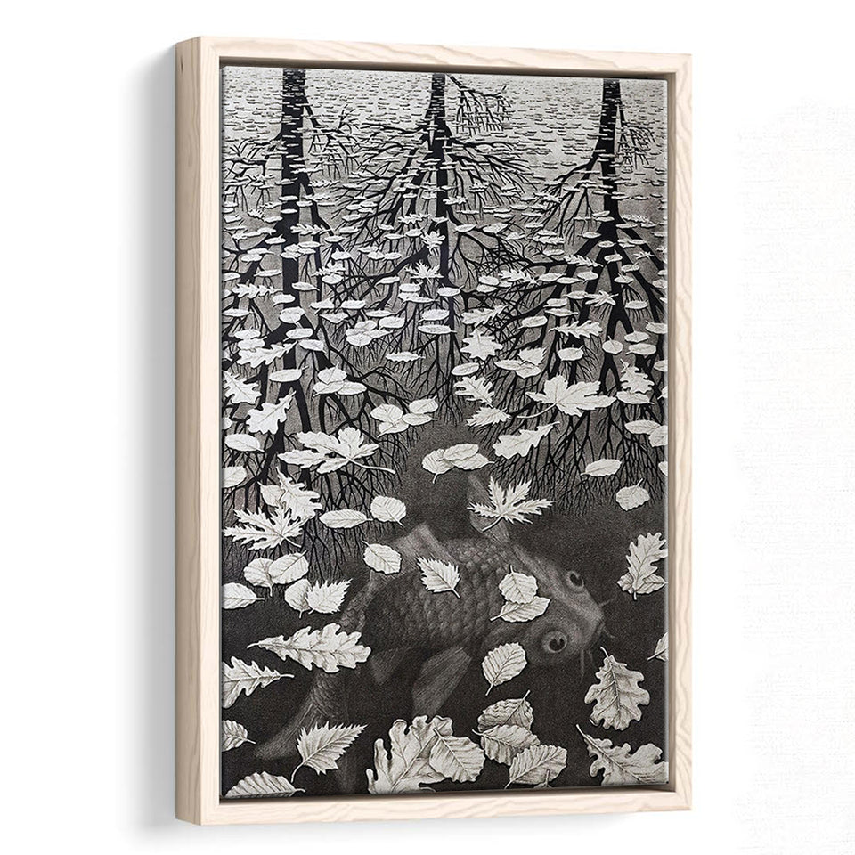 By Maurits Cornelis Escher Wall Art, M.C. Escher  Three Worlds 1955,Framed Canvas Prints Wall Art Decor, Floating Frame