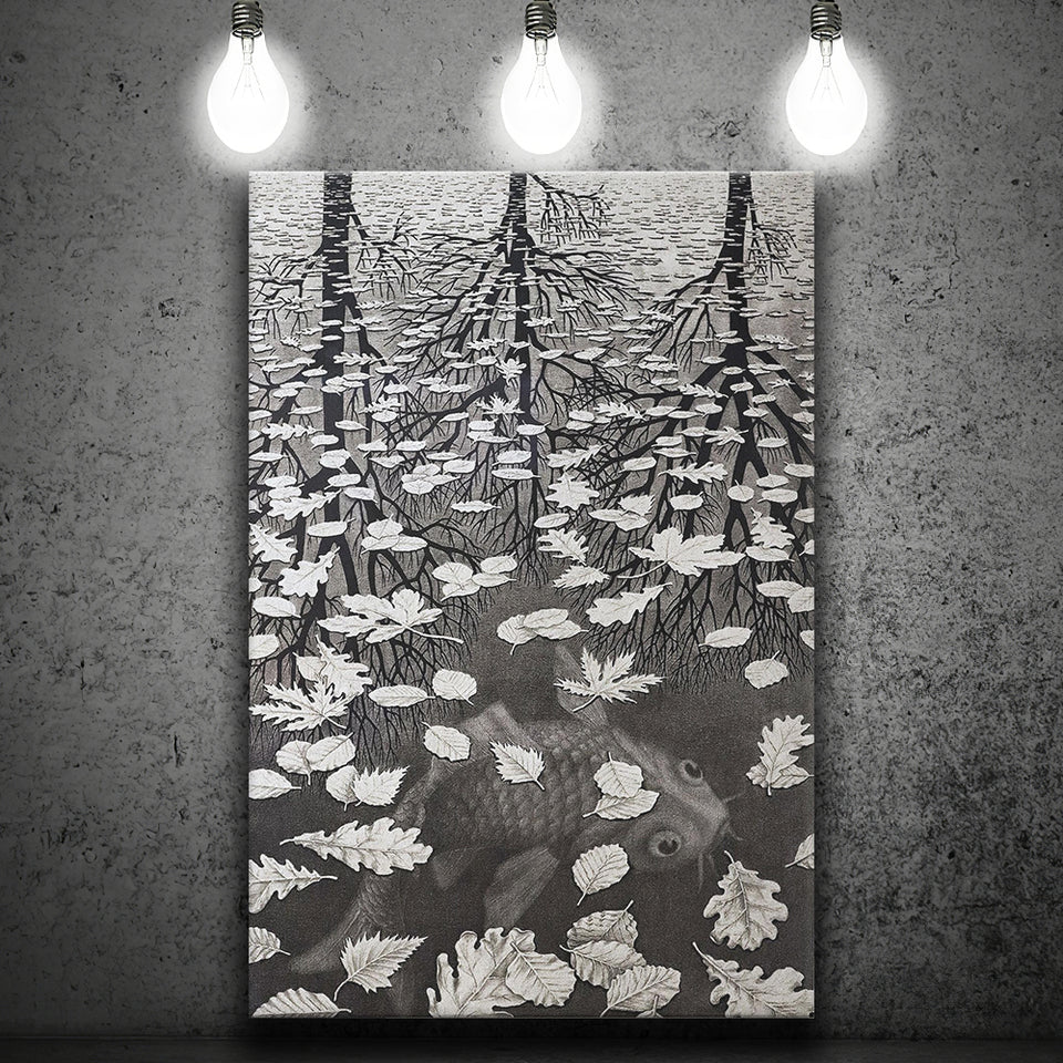 By Maurits Cornelis Escher Canvas Wall Art, M.C. Escher  Three Worlds 1955, Canvas Painting, Canvas Print Wall Art Decor