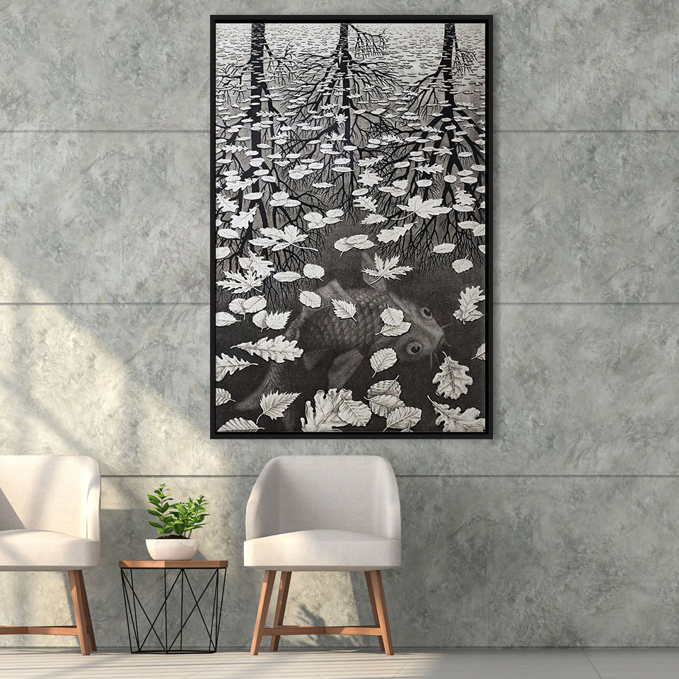 By Maurits Cornelis Escher Wall Art, M.C. Escher  Three Worlds 1955,Framed Canvas Prints Wall Art Decor, Floating Frame