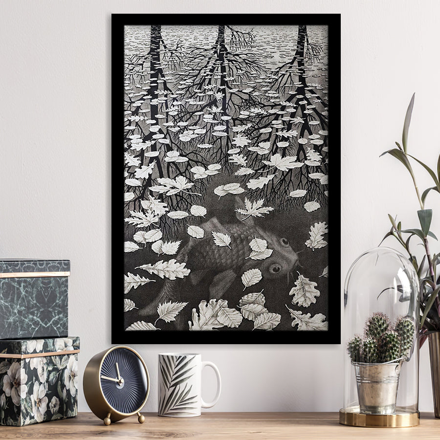 By Maurits Cornelis Escher Wall Art, M.C. Escher Three Worlds 1955,Framed Art Prints Wall Decor, Picture Framed