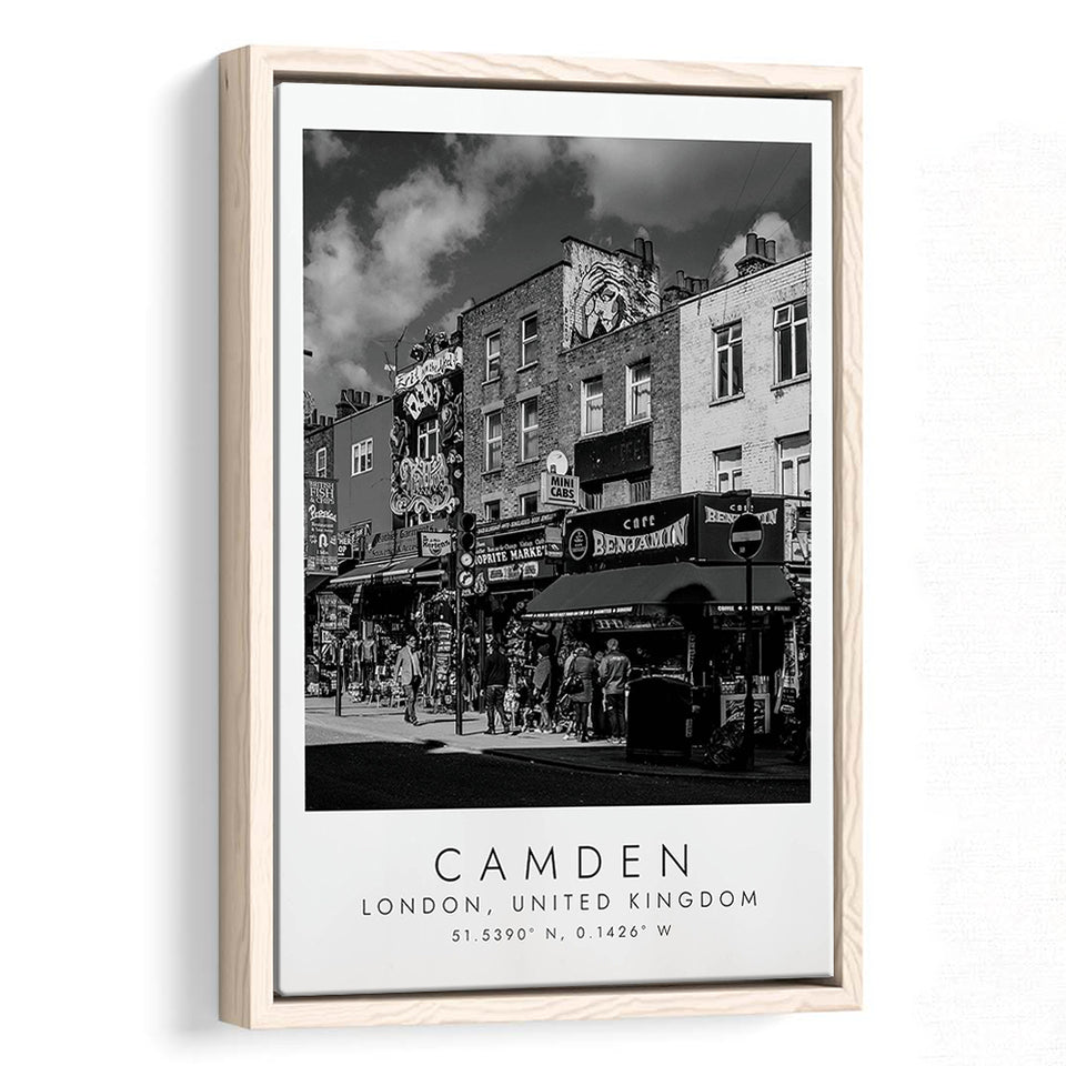 Camden, London United Kingdom, Wall Art For Travel Lovers, B&W, Floating Framed Canvas Print