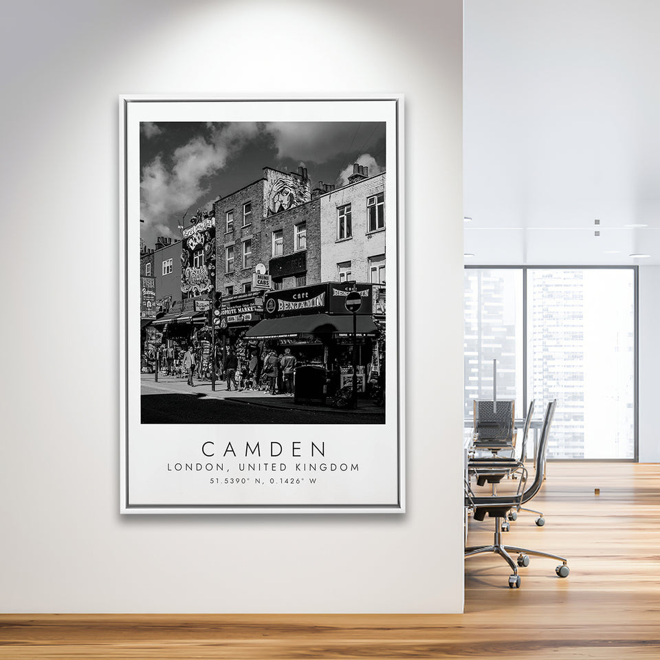 Camden, London United Kingdom, Wall Art For Travel Lovers, B&W, Floating Framed Canvas Print