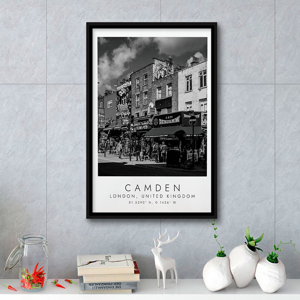 Camden, London United Kingdom, Wall Art For Travel Lovers, B&W, Floating Framed Canvas Print
