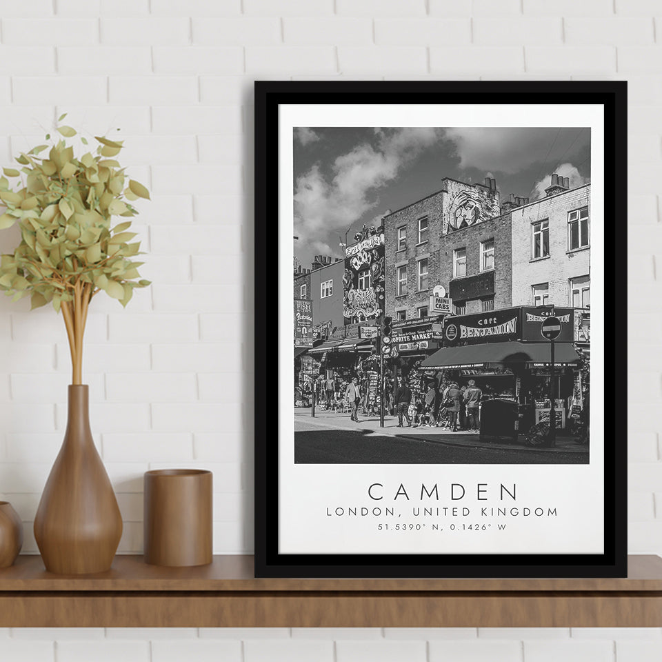 Camden, London United Kingdom, Wall Art For Travel Lovers, B&W, Floating Framed Canvas Print