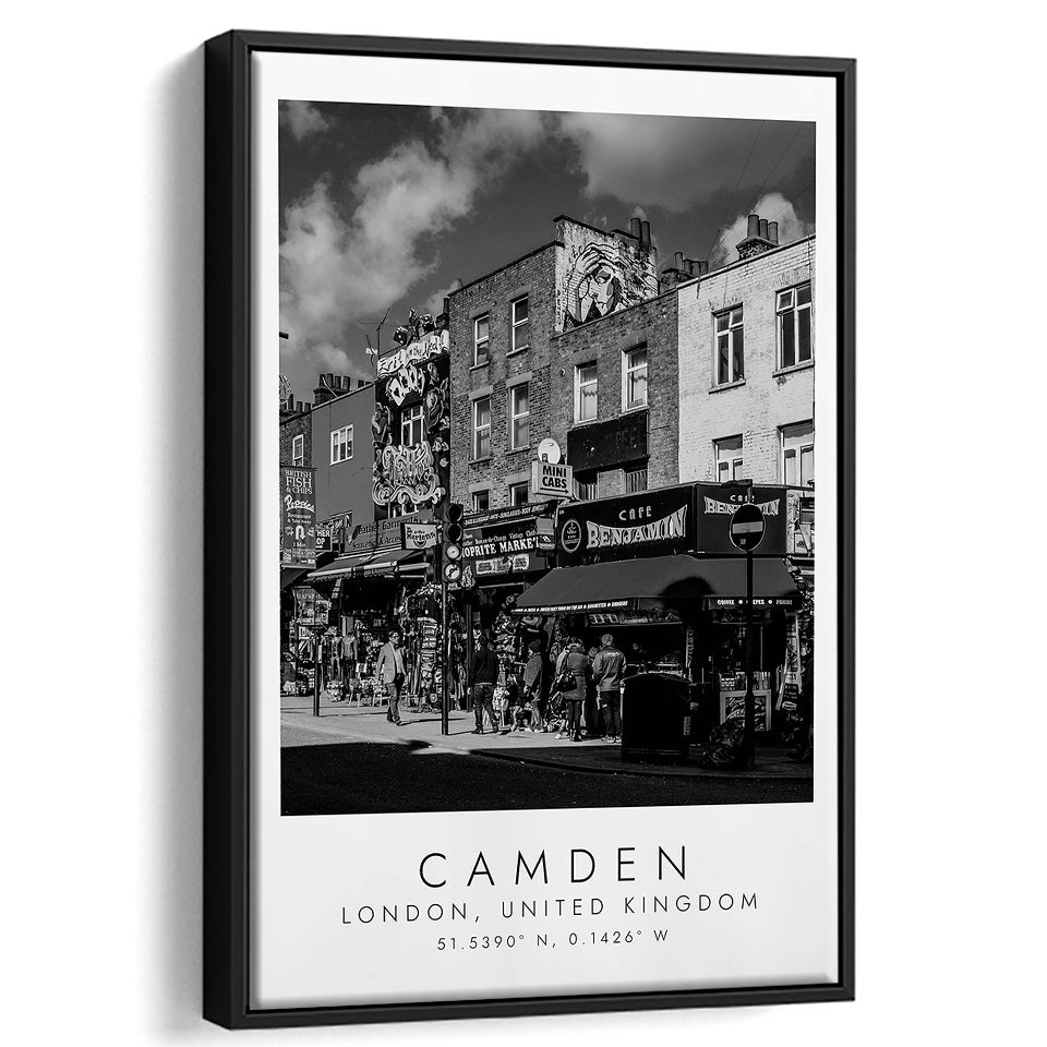 Camden, London United Kingdom, Wall Art For Travel Lovers, B&W, Floating Framed Canvas Print