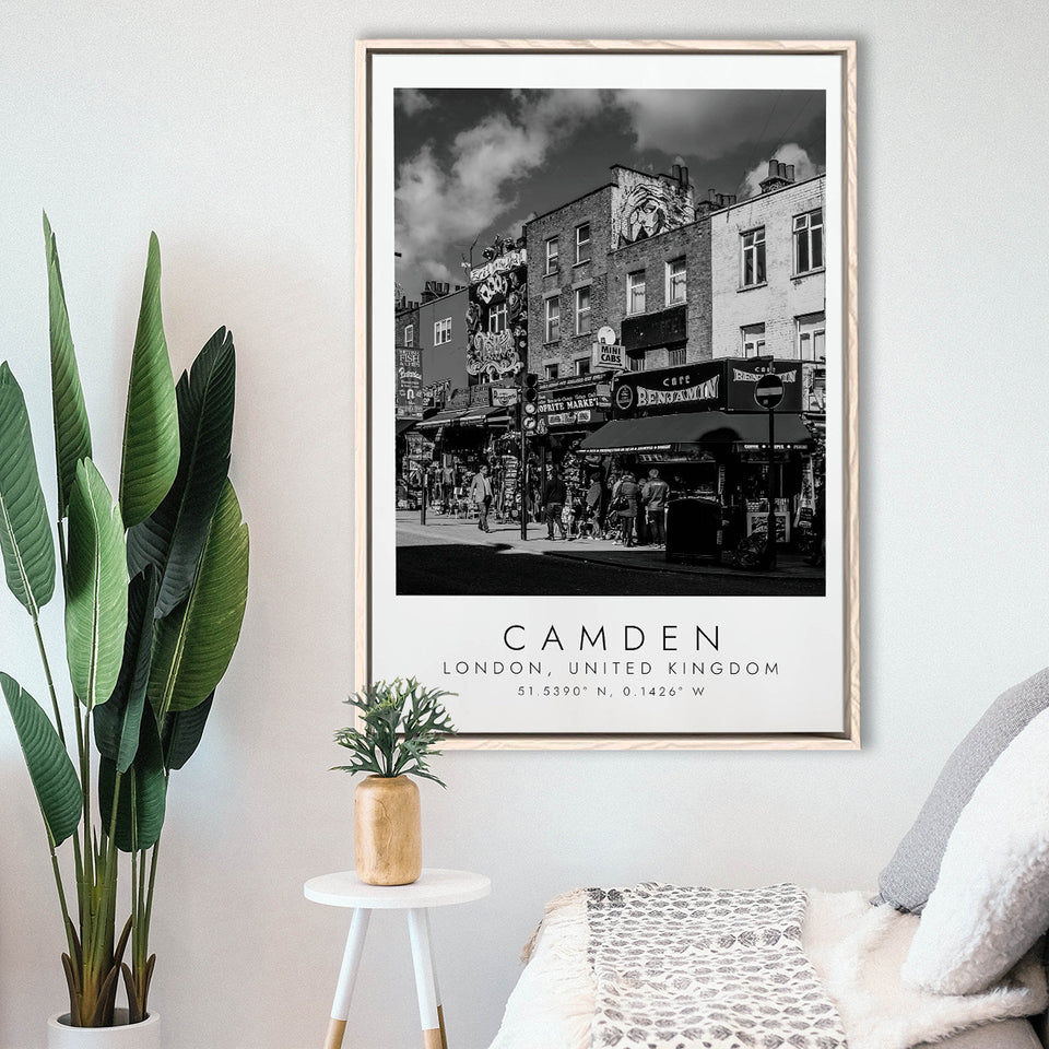 Camden, London United Kingdom, Wall Art For Travel Lovers, B&W, Floating Framed Canvas Print
