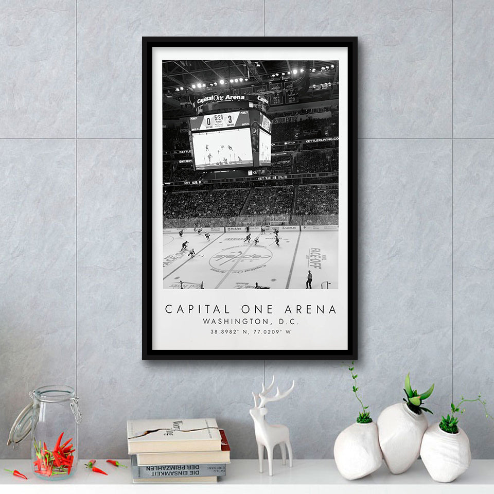 Capital One Arena Washington Capitals, Stadium Wall Art For Ice Hockey Lovers, B&W, Floating Framed Canvas Print