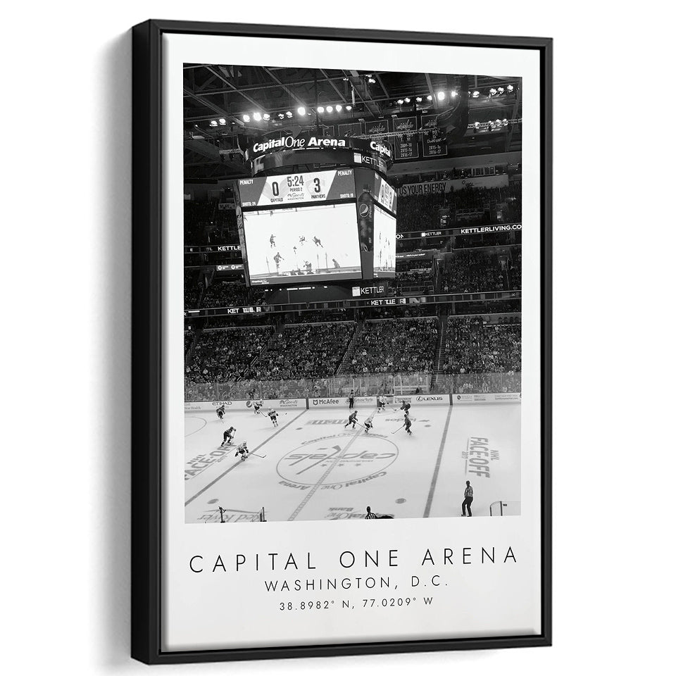 Capital One Arena Washington Capitals, Stadium Wall Art For Ice Hockey Lovers, B&W, Floating Framed Canvas Print