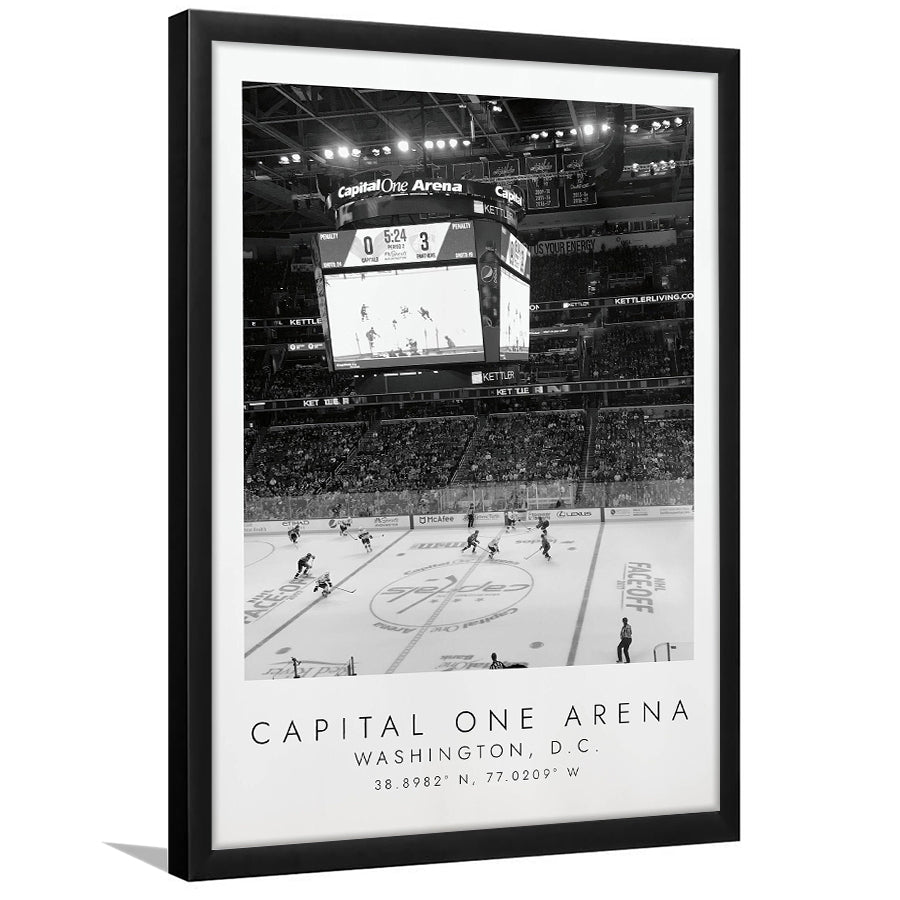 Capital One Arena Washington Capitals, Stadium Print For Ice Hockey Lovers, Black And White, Framed Art Print Wall Decor