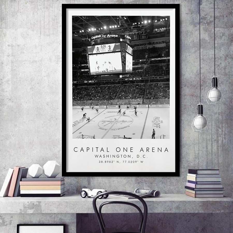 Capital One Arena Washington Capitals, Stadium Print For Ice Hockey Lovers, Black And White, Framed Art Print Wall Decor