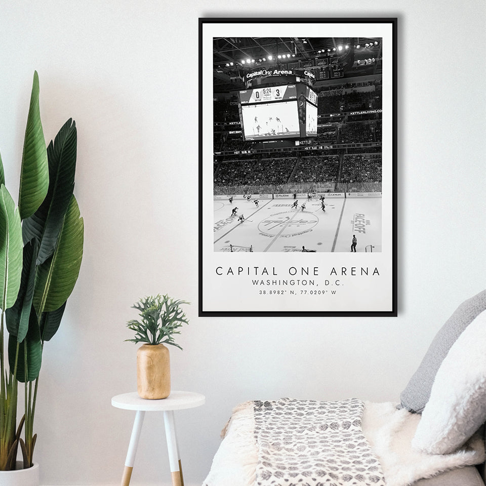 Capital One Arena Washington Capitals, Stadium Wall Art For Ice Hockey Lovers, B&W, Floating Framed Canvas Print