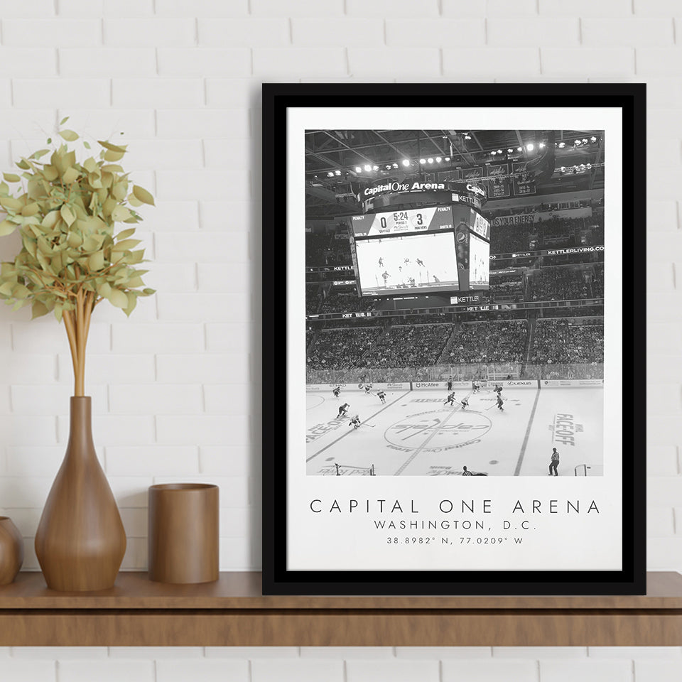 Capital One Arena Washington Capitals, Stadium Wall Art For Ice Hockey Lovers, B&W, Floating Framed Canvas Print