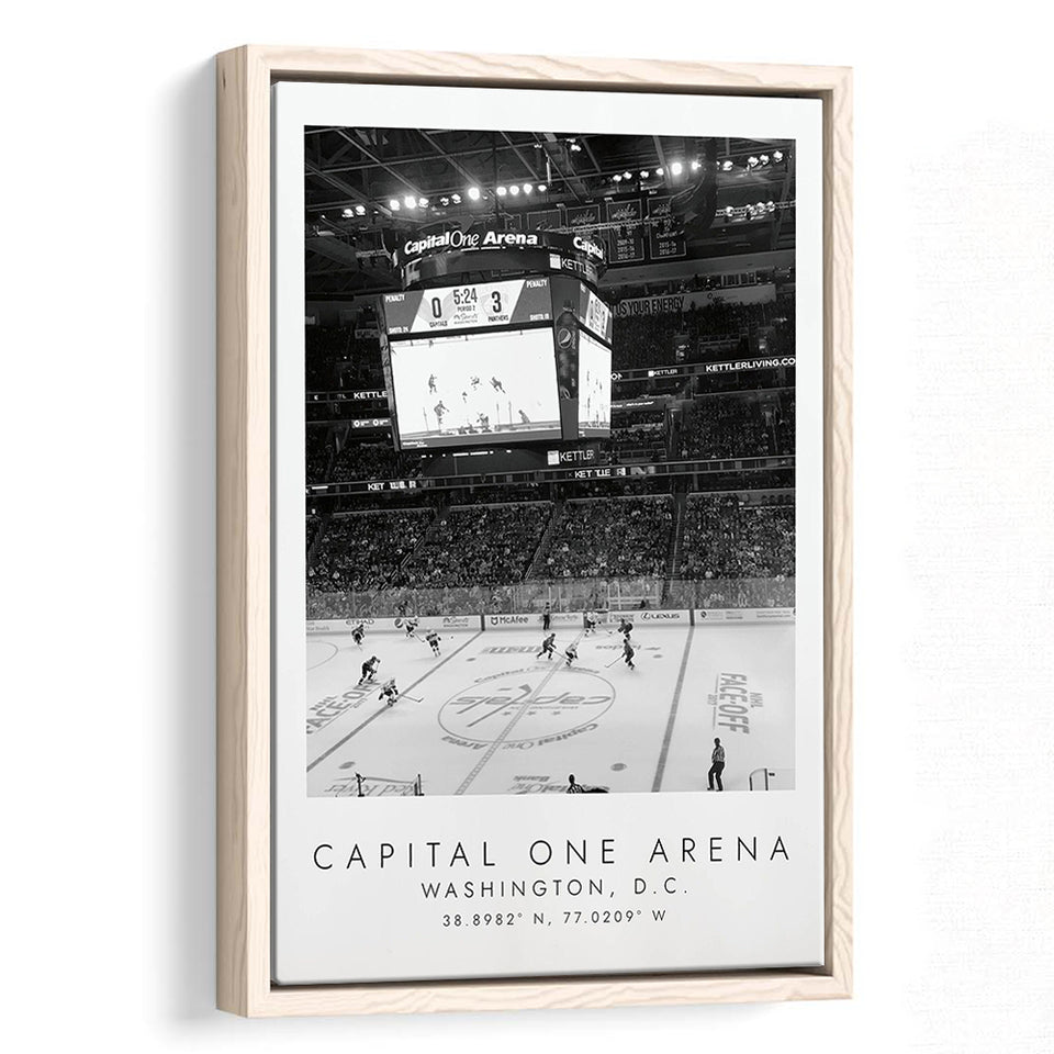 Capital One Arena Washington Capitals, Stadium Wall Art For Ice Hockey Lovers, B&W, Floating Framed Canvas Print