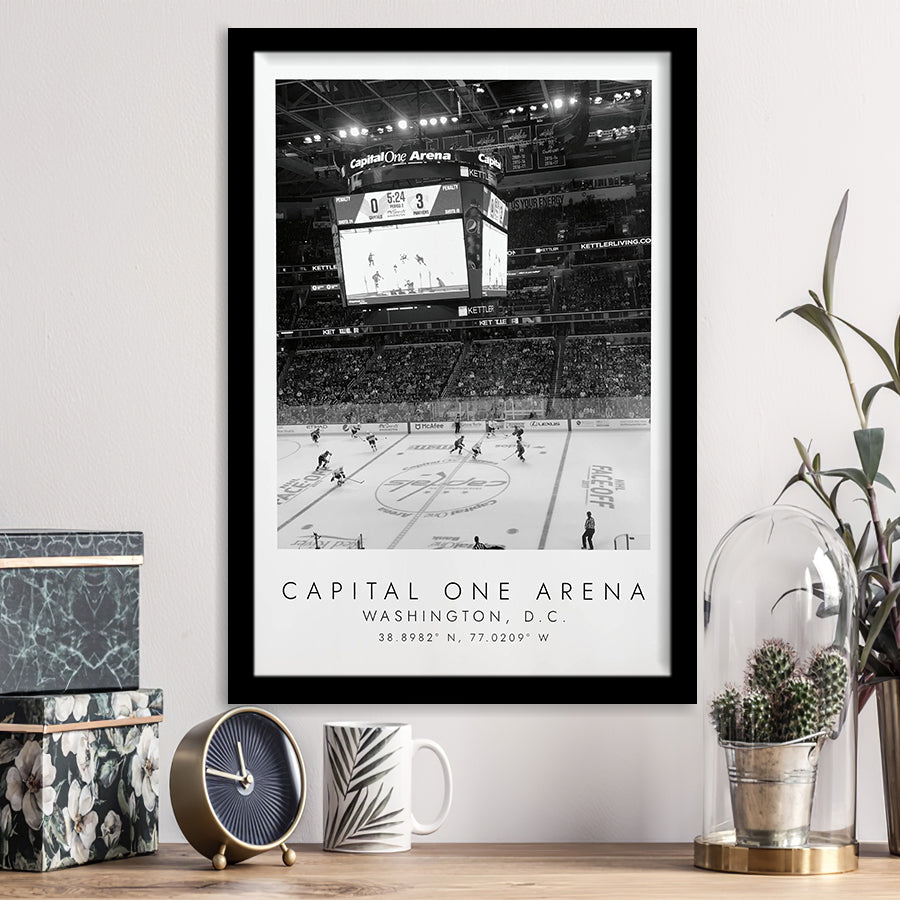 Capital One Arena Washington Capitals, Stadium Print For Ice Hockey Lovers, Black And White, Framed Art Print Wall Decor