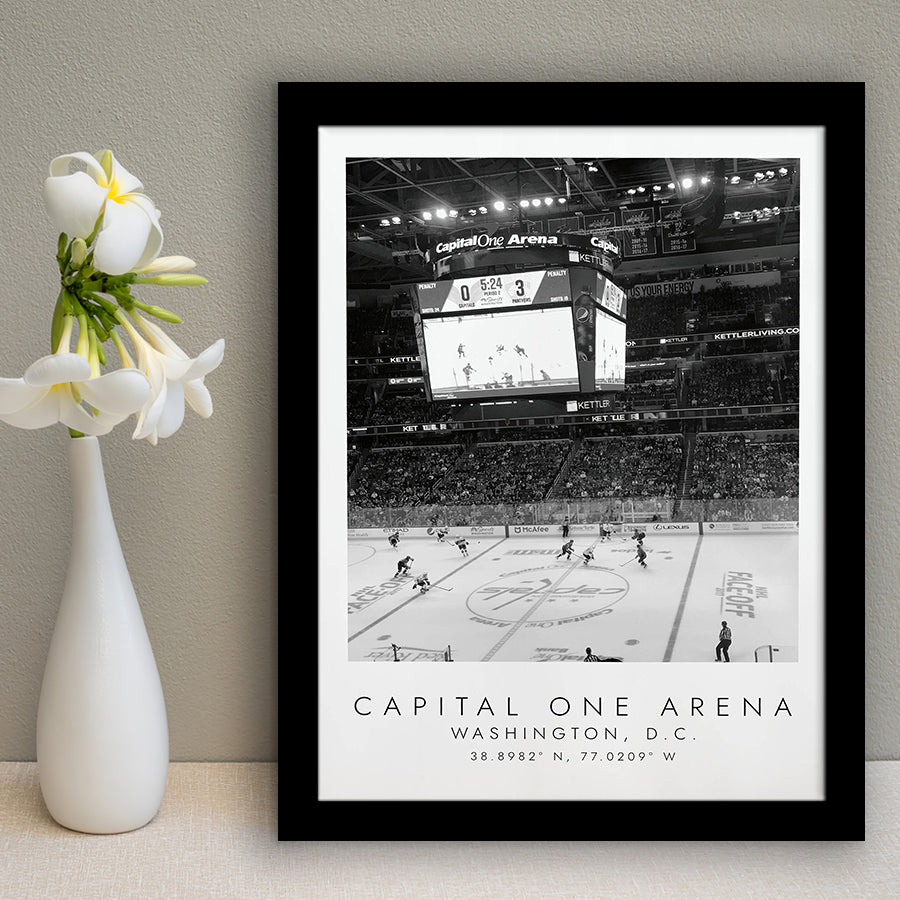 Capital One Arena Washington Capitals, Stadium Print For Ice Hockey Lovers, Black And White, Framed Art Print Wall Decor