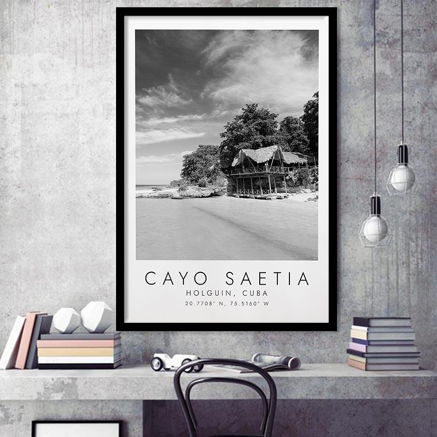 Cayo Saetia Cuba Skyline Paradise Island, Print For Travel Lovers, Black And White, Framed Art Print Wall Decor