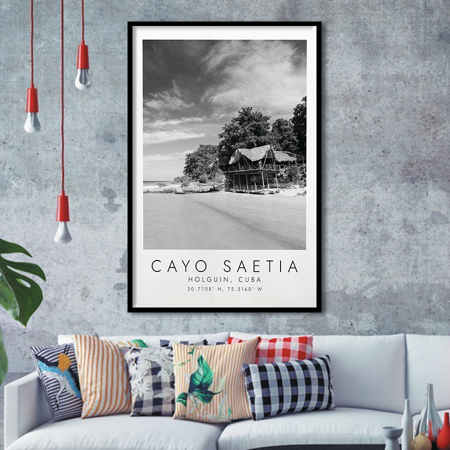 Cayo Saetia Cuba Skyline Paradise Island, Print For Travel Lovers, Black And White, Framed Art Print Wall Decor