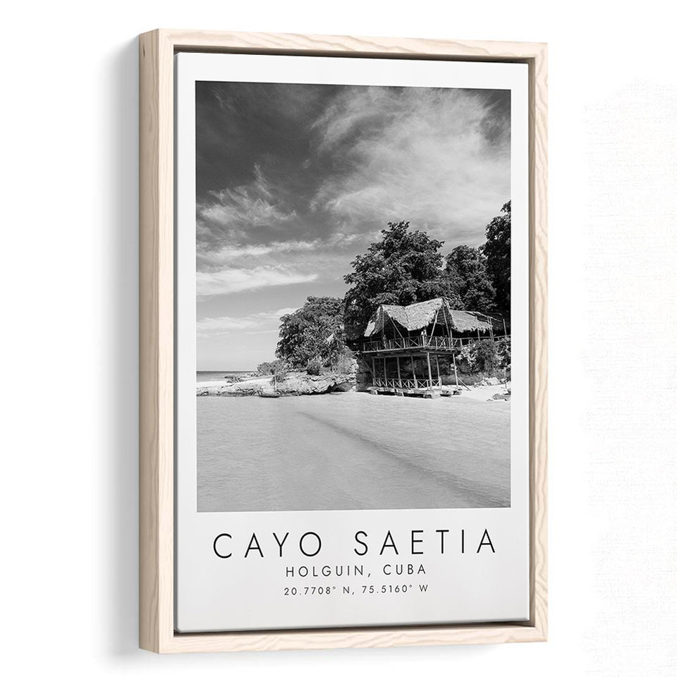 Cayo Saetia Cuba Skyline Paradise Island, Wall Art For Travel Lovers, B&W, Floating Framed Canvas Print