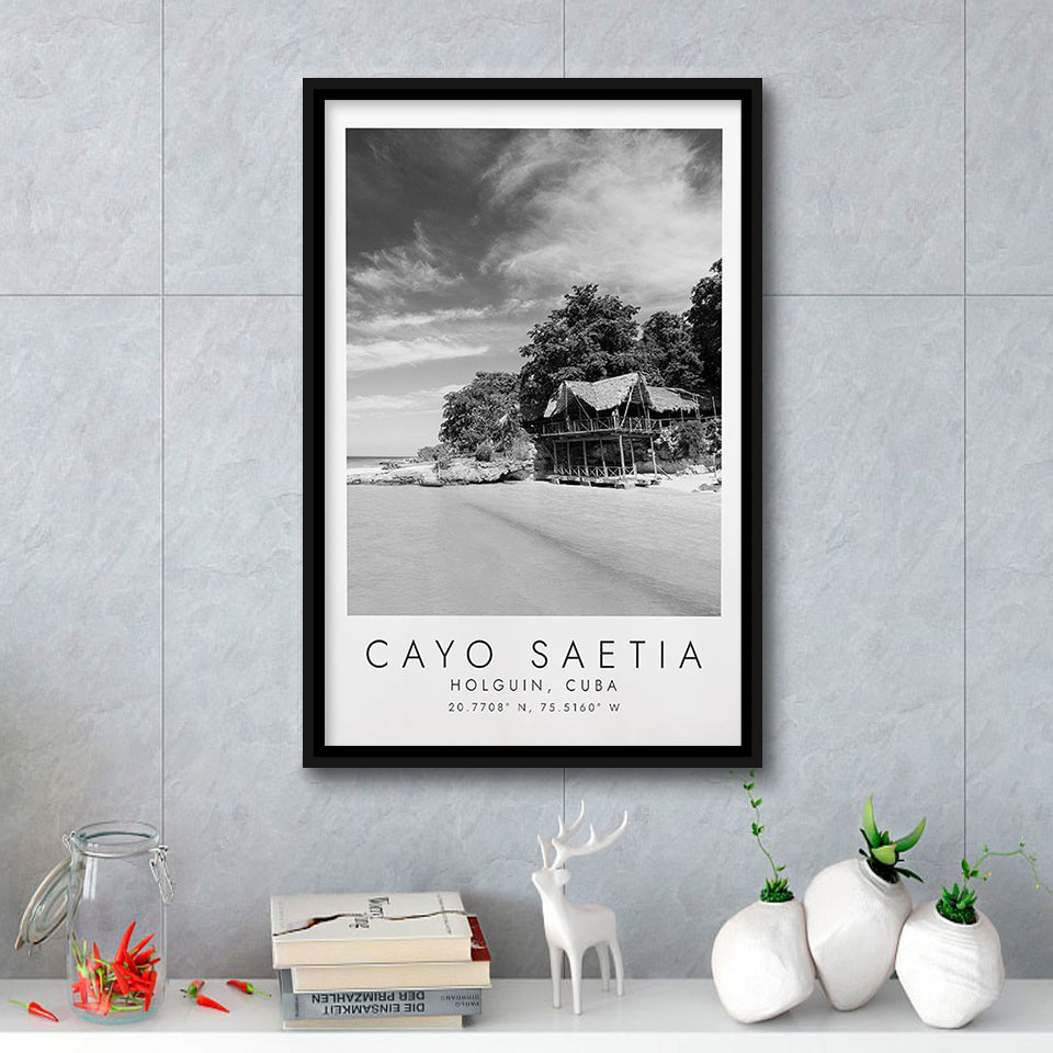Cayo Saetia Cuba Skyline Paradise Island, Wall Art For Travel Lovers, B&W, Floating Framed Canvas Print
