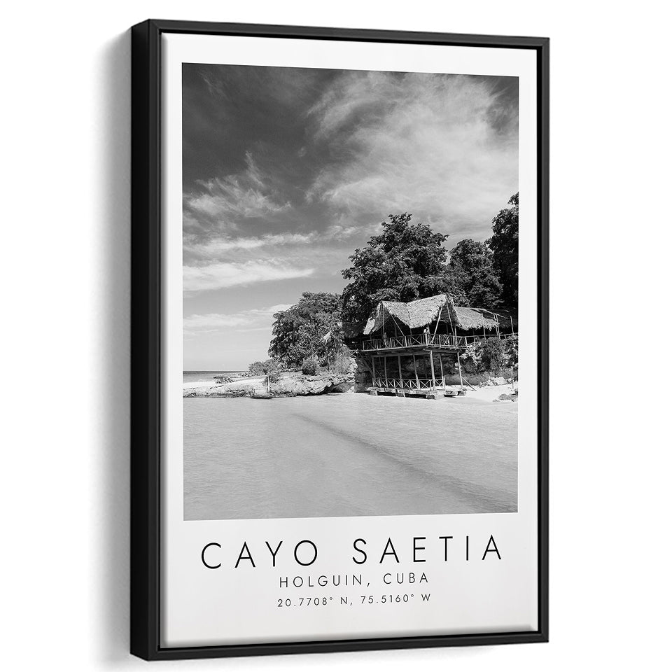 Cayo Saetia Cuba Skyline Paradise Island, Wall Art For Travel Lovers, B&W, Floating Framed Canvas Print