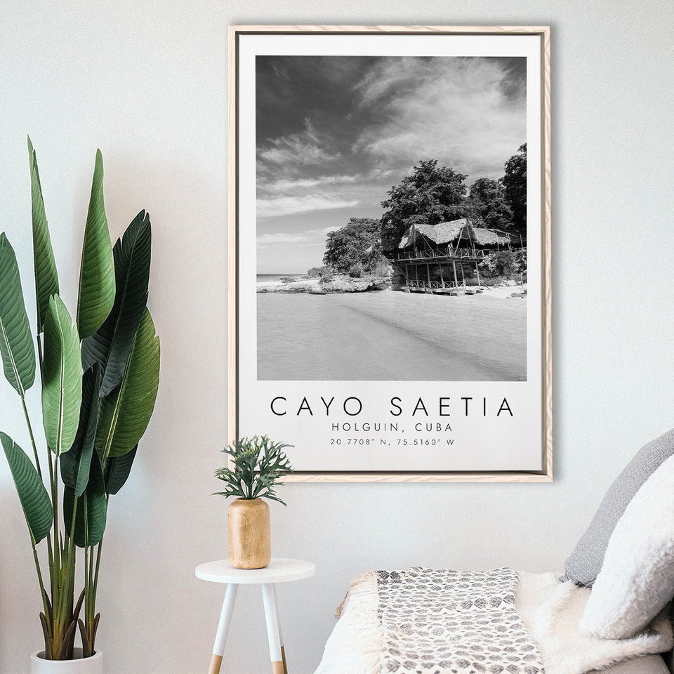 Cayo Saetia Cuba Skyline Paradise Island, Wall Art For Travel Lovers, B&W, Floating Framed Canvas Print