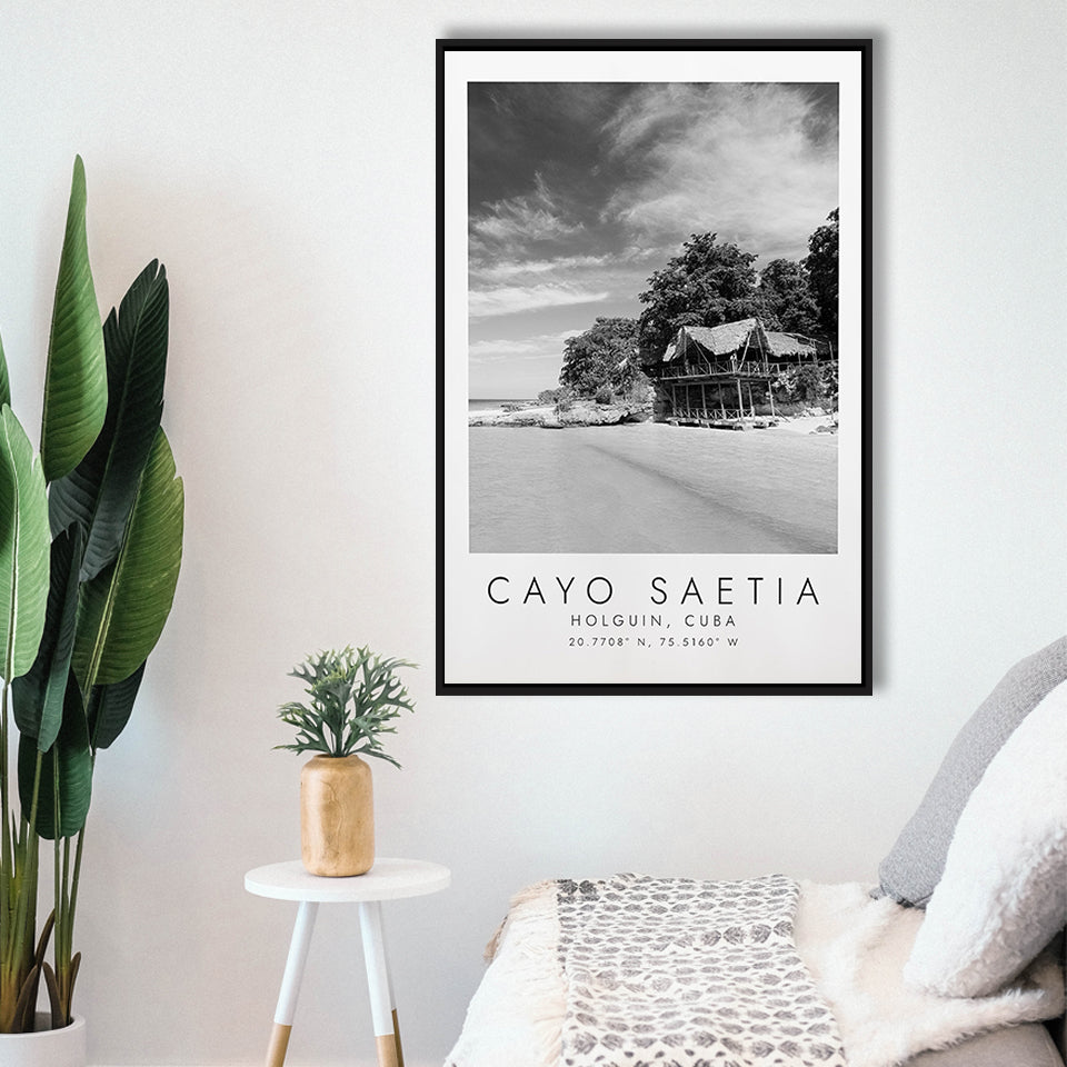 Cayo Saetia Cuba Skyline Paradise Island, Wall Art For Travel Lovers, B&W, Floating Framed Canvas Print