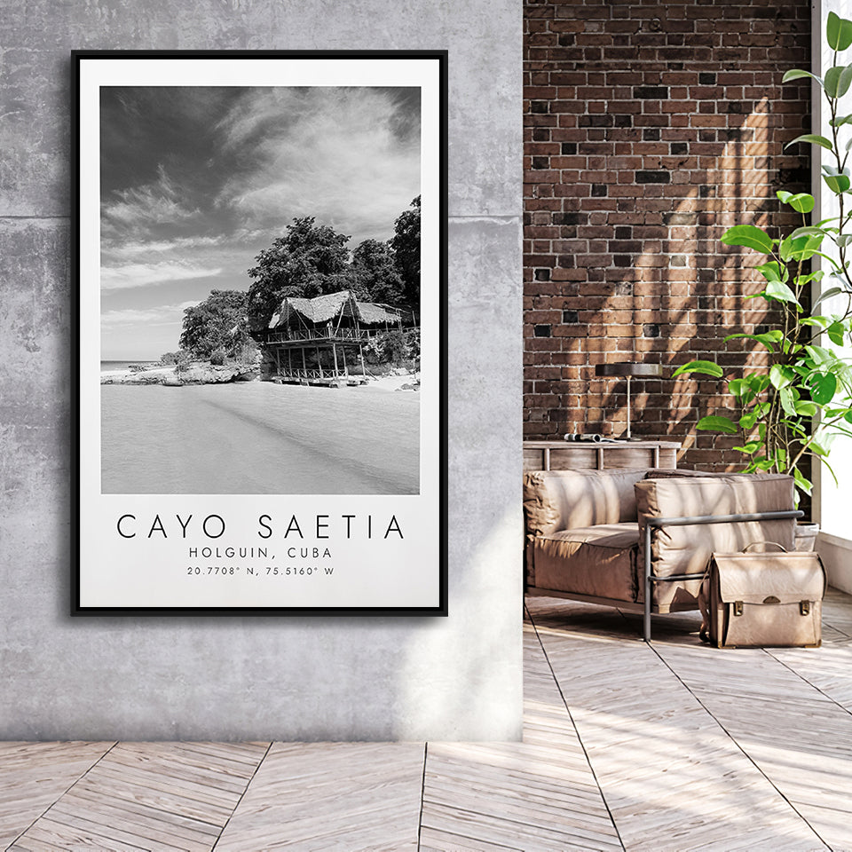 Cayo Saetia Cuba Skyline Paradise Island, Wall Art For Travel Lovers, B&W, Floating Framed Canvas Print
