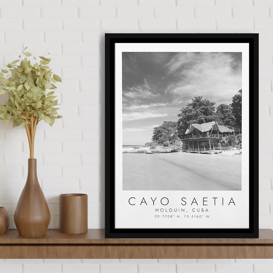 Cayo Saetia Cuba Skyline Paradise Island, Wall Art For Travel Lovers, B&W, Floating Framed Canvas Print