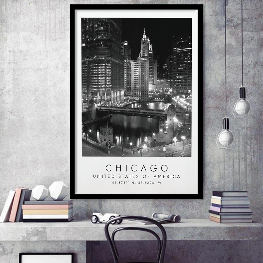 Chicago Usa, Print For Travel Lovers, Black And White, Framed Art Print Wall Decor