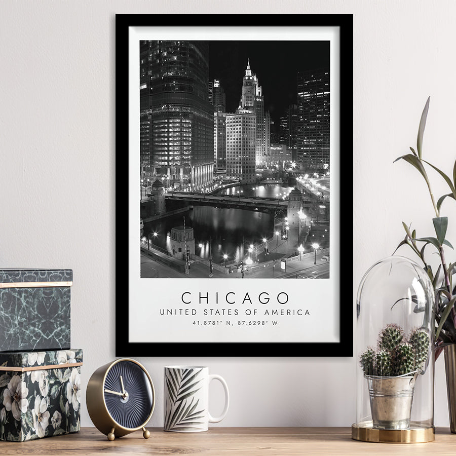 Chicago Usa, Print For Travel Lovers, Black And White, Framed Art Print Wall Decor