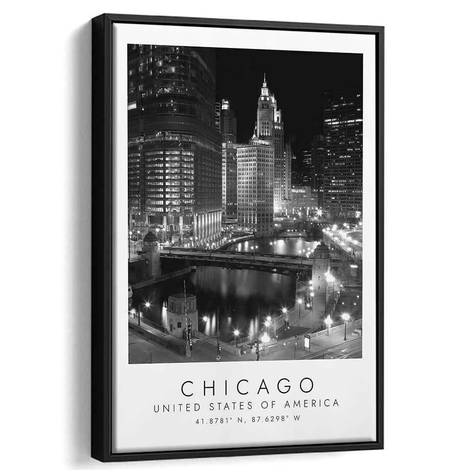 Chicago Usa, Wall Art For Travel Lovers, B&W, Floating Framed Canvas Print