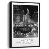 Chicago Usa, Wall Art For Travel Lovers, B&W, Floating Framed Canvas Print