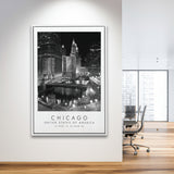 Chicago Usa, Wall Art For Travel Lovers, B&W, Floating Framed Canvas Print