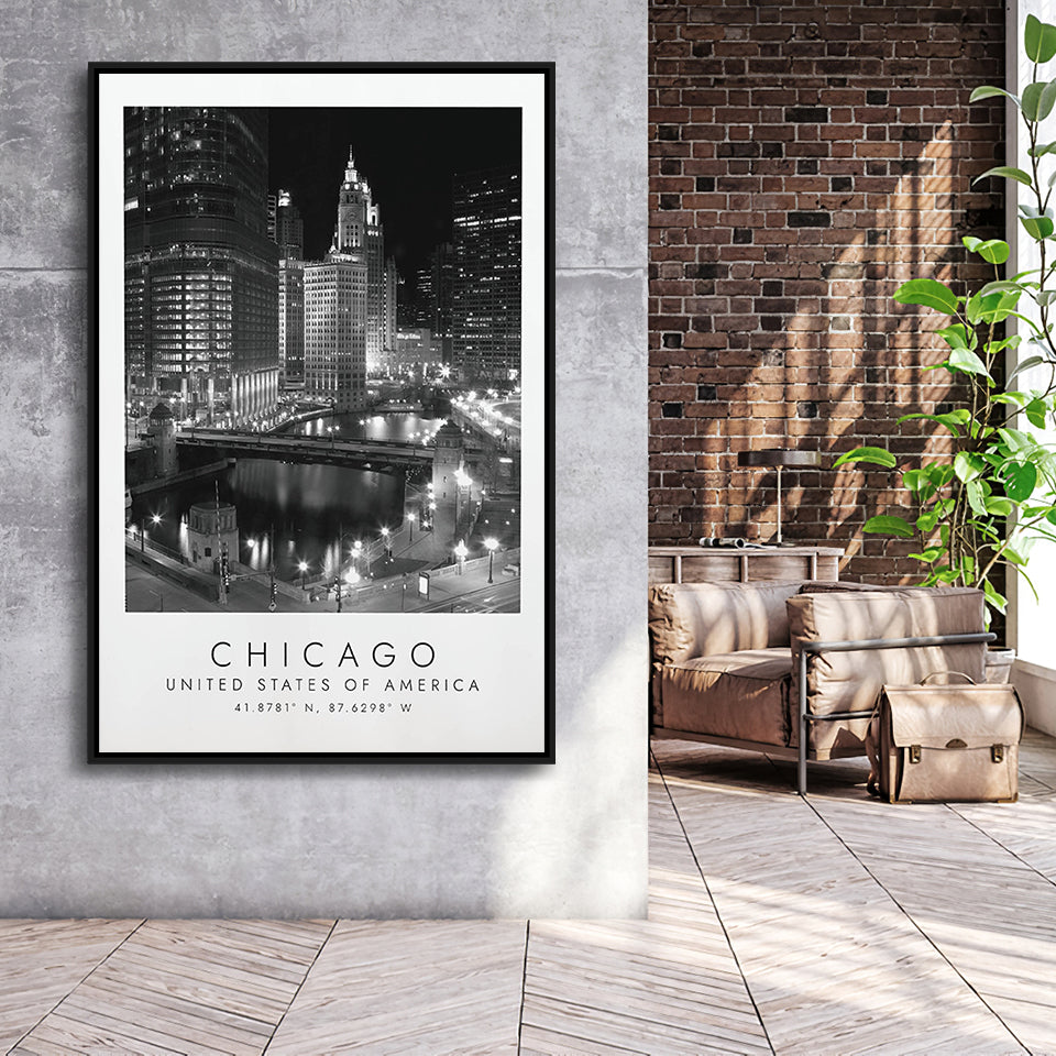 Chicago Usa, Wall Art For Travel Lovers, B&W, Floating Framed Canvas Print