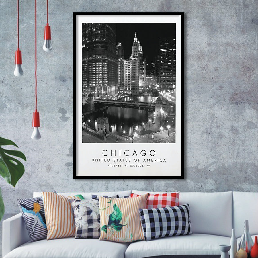 Chicago Usa, Print For Travel Lovers, Black And White, Framed Art Print Wall Decor