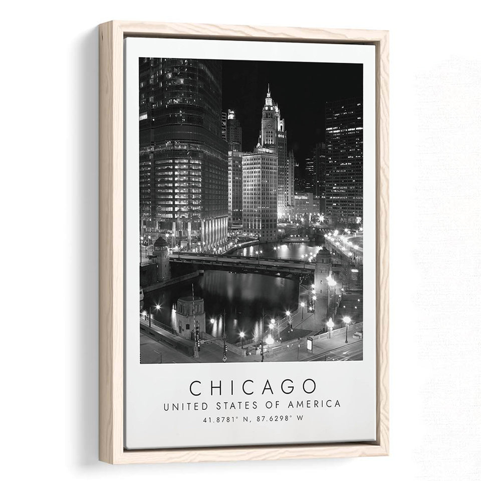 Chicago Usa, Wall Art For Travel Lovers, B&W, Floating Framed Canvas Print