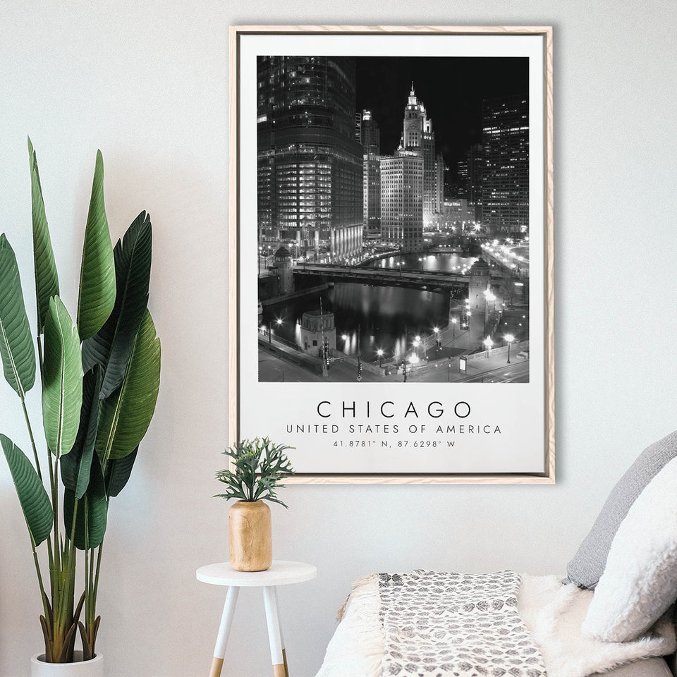 Chicago Usa, Wall Art For Travel Lovers, B&W, Floating Framed Canvas Print