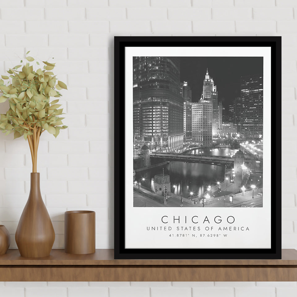 Chicago Usa, Wall Art For Travel Lovers, B&W, Floating Framed Canvas Print