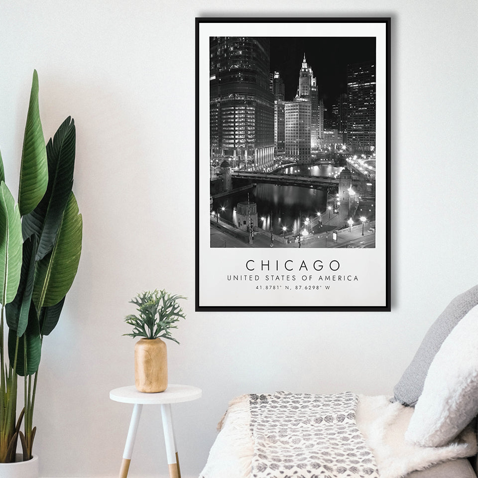 Chicago Usa, Wall Art For Travel Lovers, B&W, Floating Framed Canvas Print