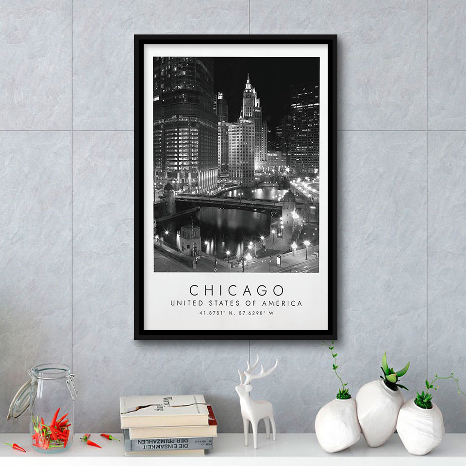 Chicago Usa, Wall Art For Travel Lovers, B&W, Floating Framed Canvas Print