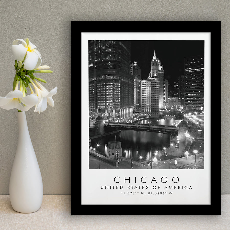 Chicago Usa, Print For Travel Lovers, Black And White, Framed Art Print Wall Decor