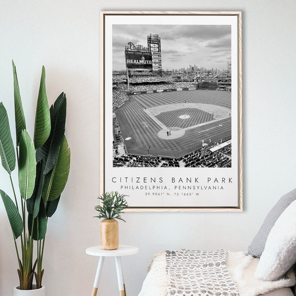 Citizens Bank Park Philadelphia Phillies, Stadium Wall Art For Baseball Lovers, B&W, Floating Framed Canvas Print