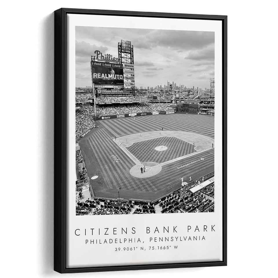 Citizens Bank Park Philadelphia Phillies, Stadium Wall Art For Baseball Lovers, B&W, Floating Framed Canvas Print