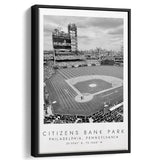 Citizens Bank Park Philadelphia Phillies, Stadium Wall Art For Baseball Lovers, B&W, Floating Framed Canvas Print